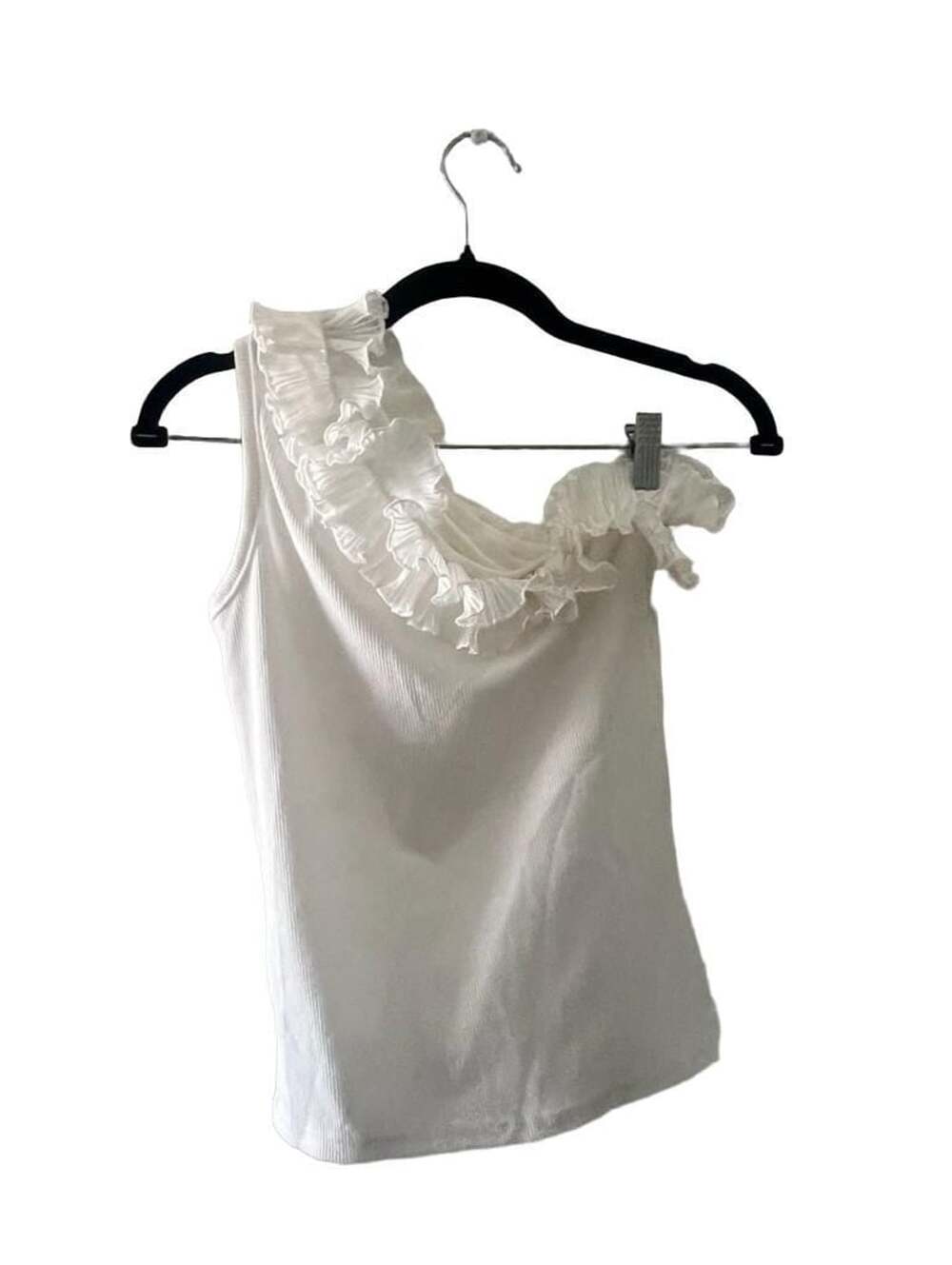 White One Shoulder Ribbed Tank Top With Ruffle Trim